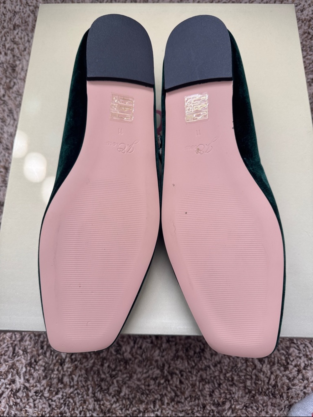 J. Crew Women's Dark Green Velvet Mary Jane Flats with Pink Insole - Picture 2 of 3